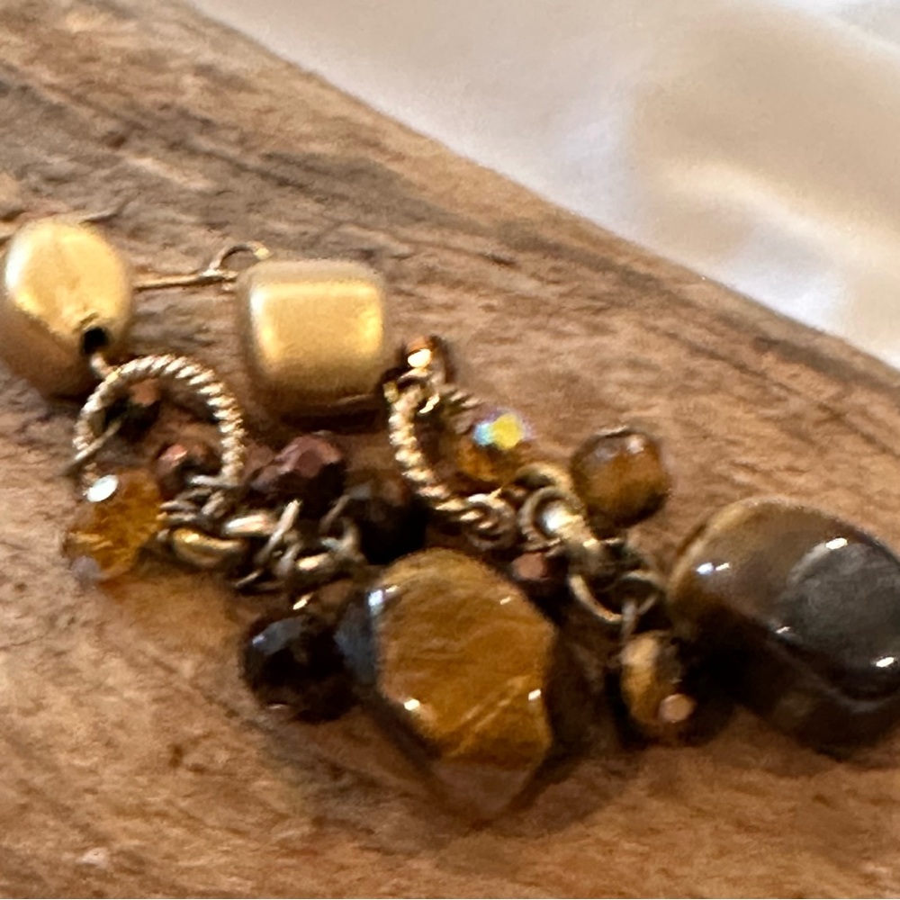 TIGER'S EYE Long Dangle Bead EARRINGS Gold Tone  Drop Earrings
